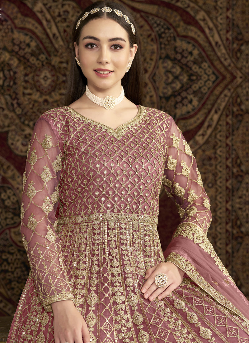 Light Pink Net Embroidered Anarkali Suit