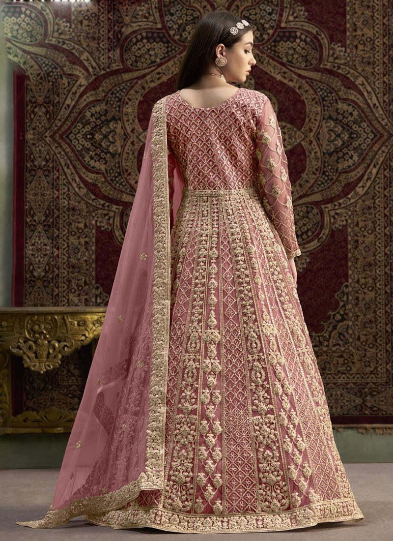 Light Pink Net Embroidered Anarkali Suit