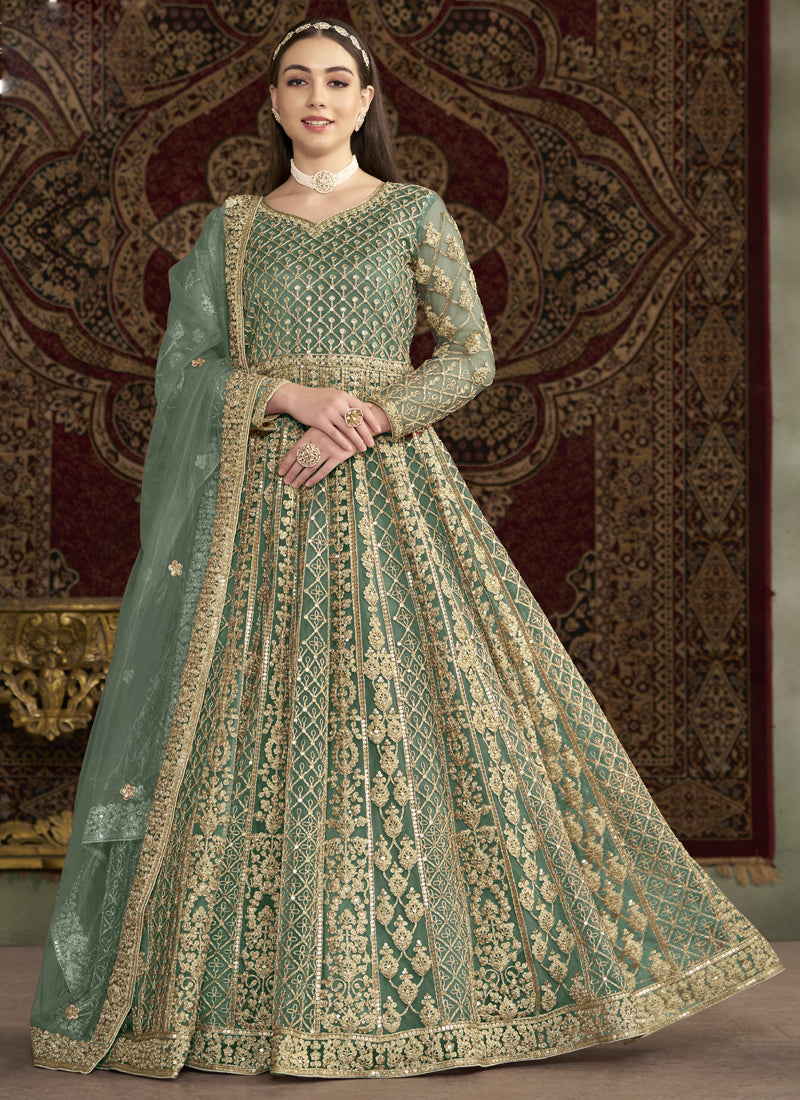 Sea Green Net Embroidered Anarkali Suit