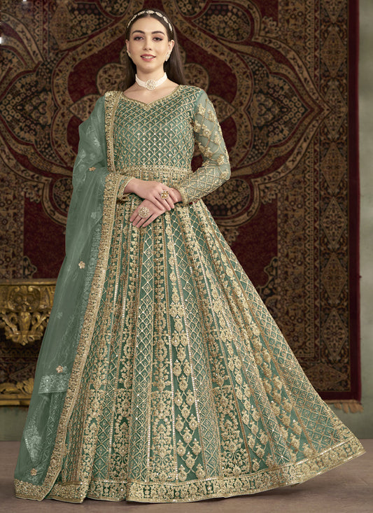 Sea Green Net Embroidered Anarkali Suit