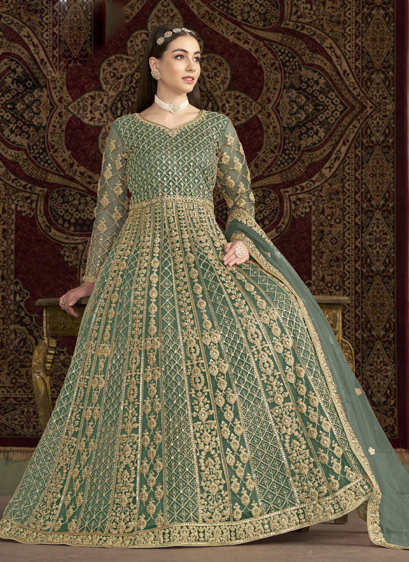 Sea Green Net Embroidered Anarkali Suit