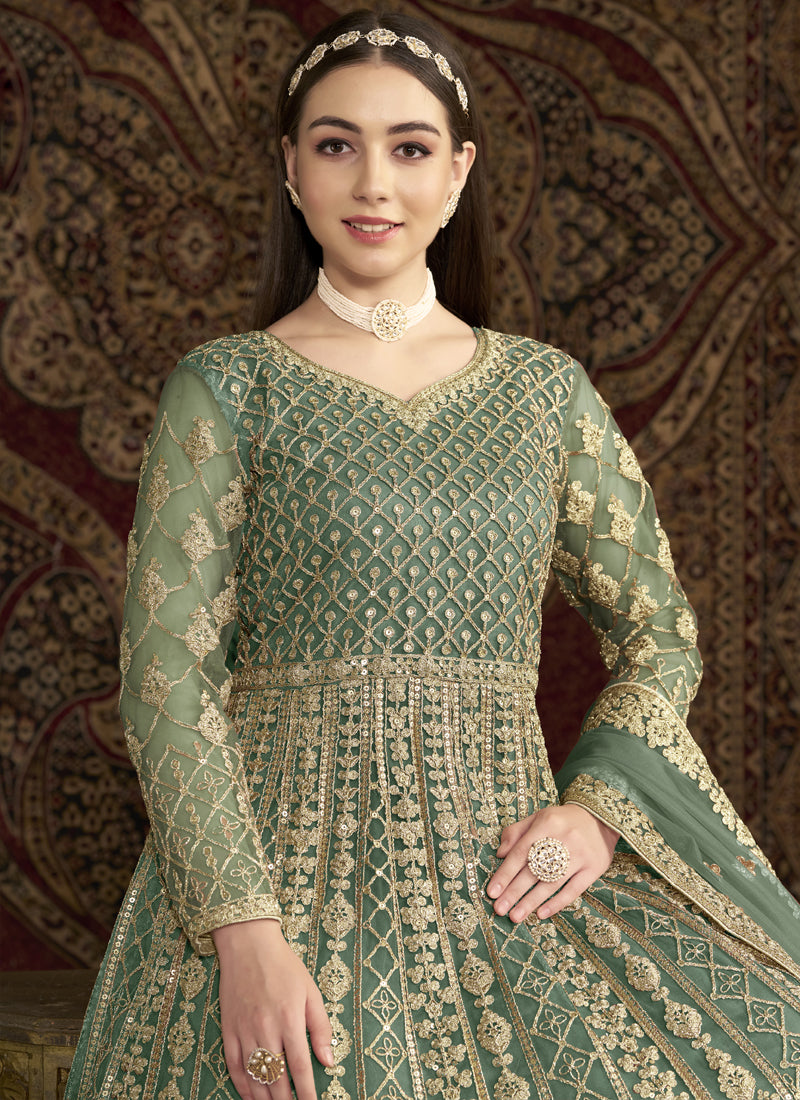 Sea Green Net Embroidered Anarkali Suit