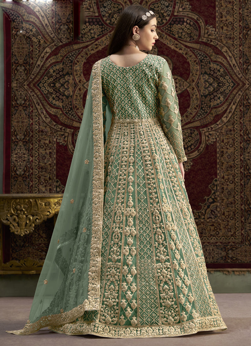 Sea Green Net Embroidered Anarkali Suit