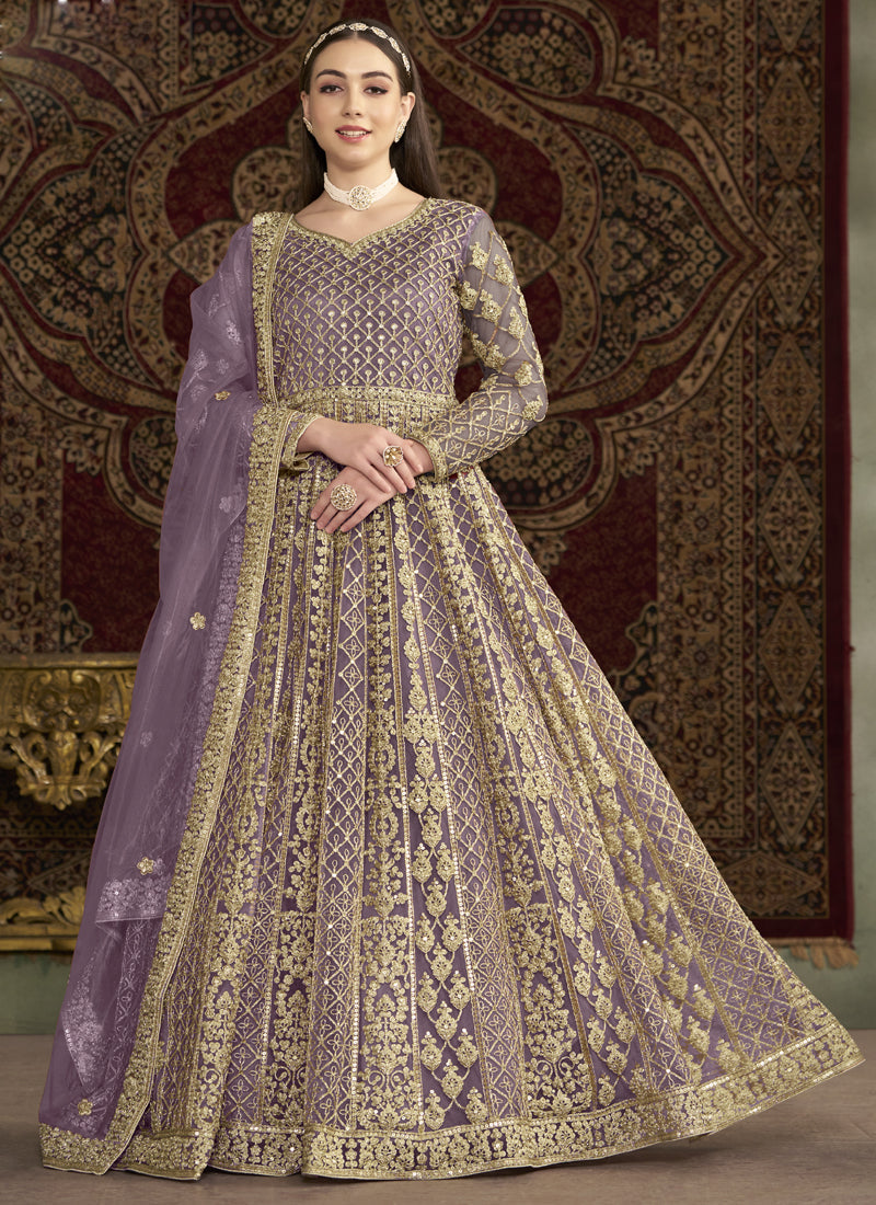 Lavender Net Embroidered Anarkali Suit