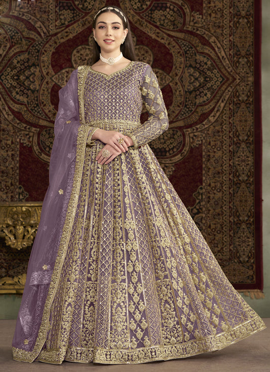 Lavender Net Embroidered Anarkali Suit