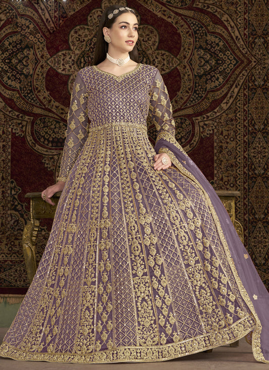 Lavender Net Embroidered Anarkali Suit