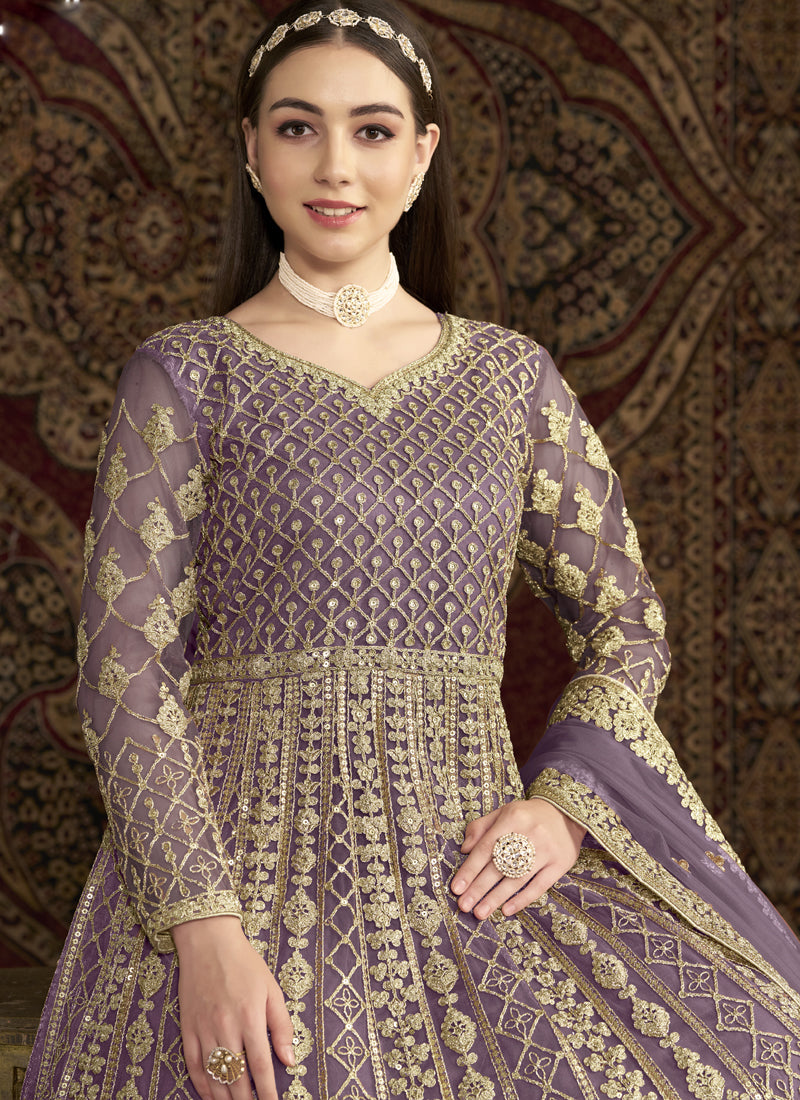 Lavender Net Embroidered Anarkali Suit