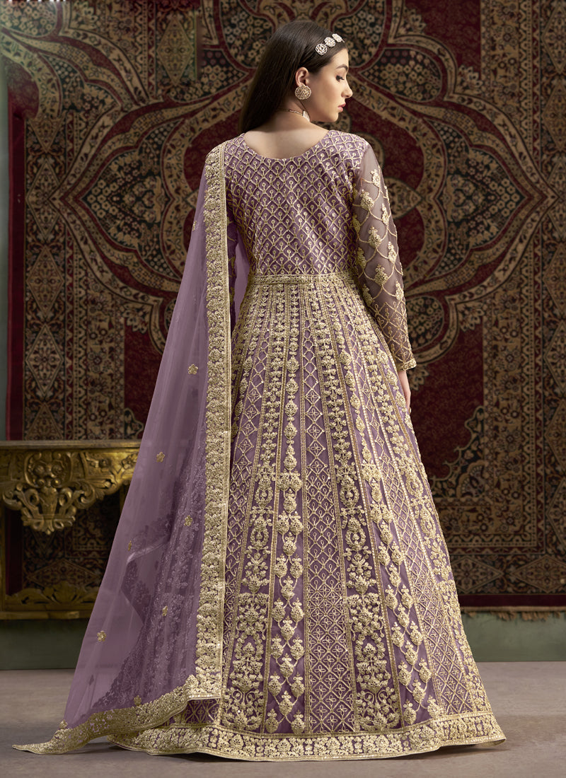 Lavender Net Embroidered Anarkali Suit
