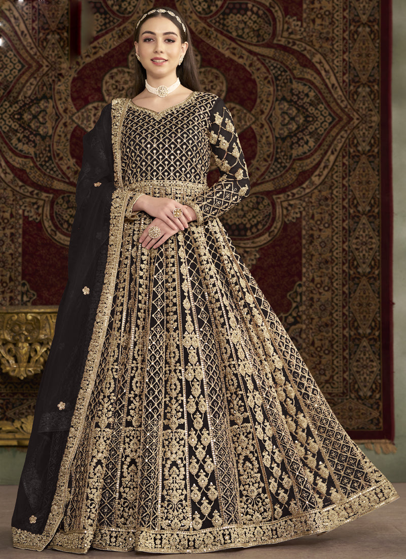 Dark Brown Net Embroidered Anarkali Suit