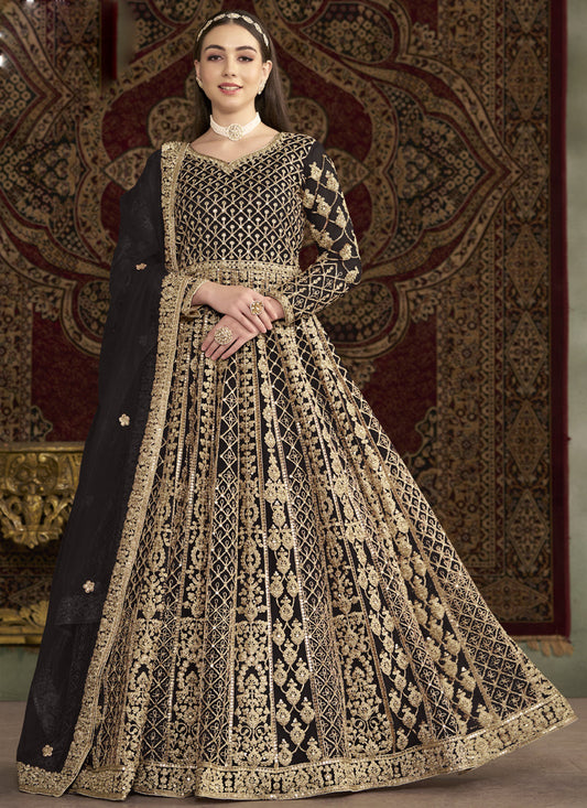 Dark Brown Net Embroidered Anarkali Suit