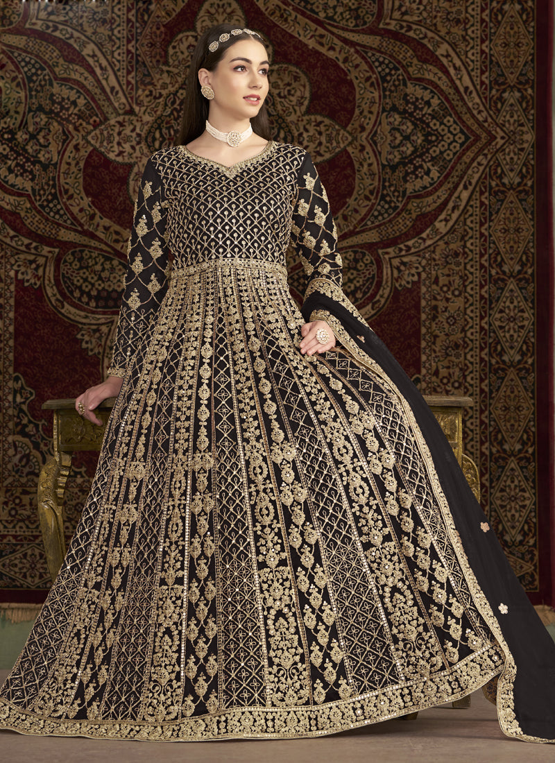 Dark Brown Net Embroidered Anarkali Suit