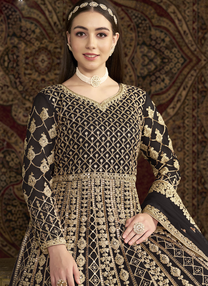 Dark Brown Net Embroidered Anarkali Suit