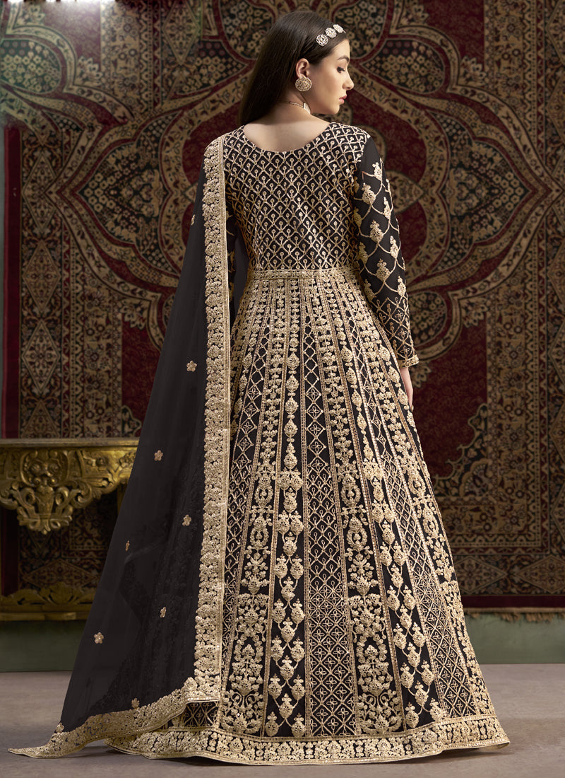 Dark Brown Net Embroidered Anarkali Suit