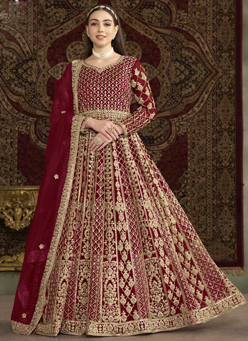 Maroon Net Embroidered Anarkali Suit