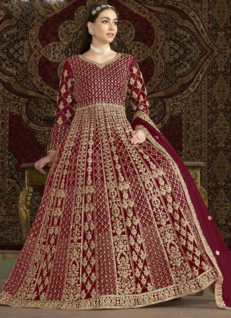 Maroon Net Embroidered Anarkali Suit