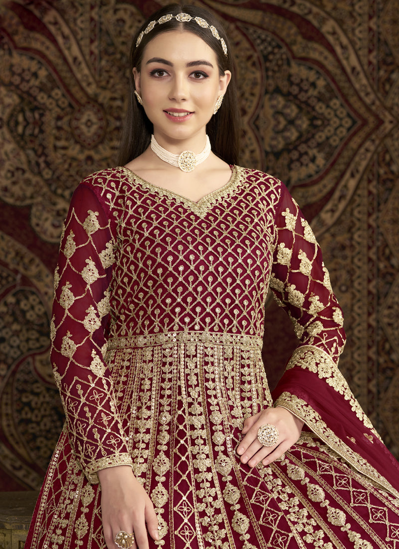 Maroon Net Embroidered Anarkali Suit