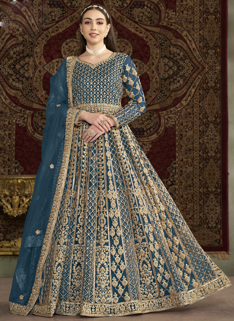 Aqua Blue Net Embroidered Anarkali Suit