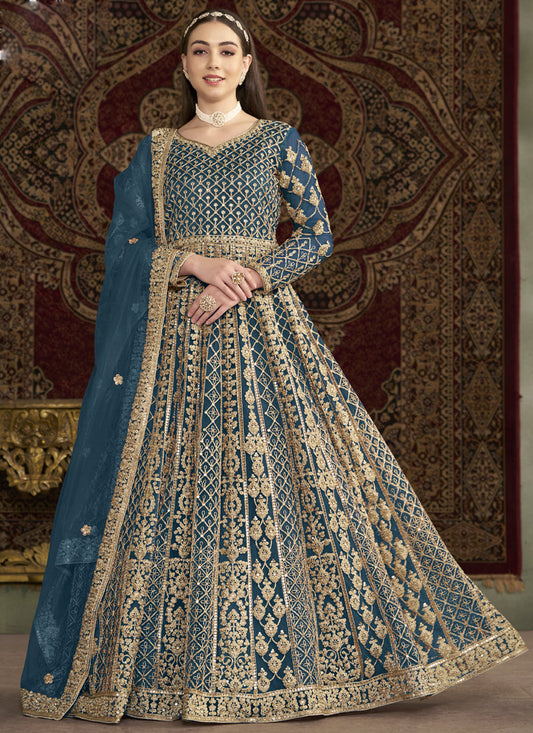 Aqua Blue Net Embroidered Anarkali Suit