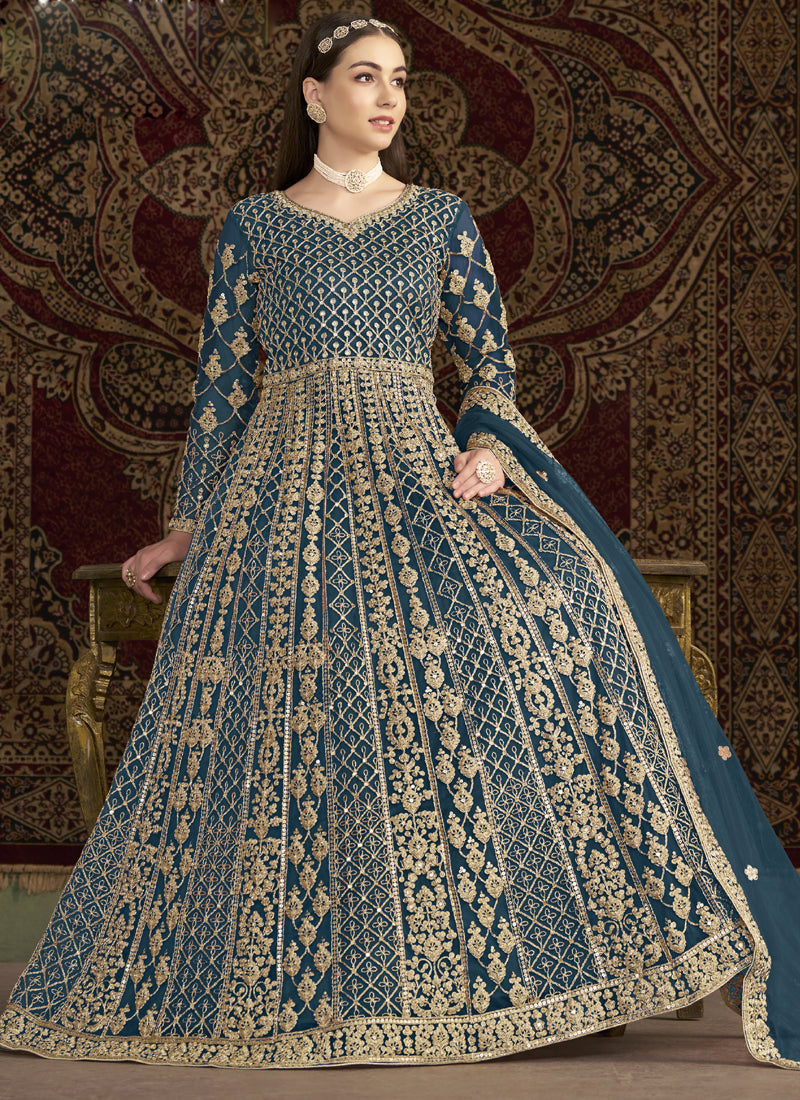 Aqua Blue Net Embroidered Anarkali Suit