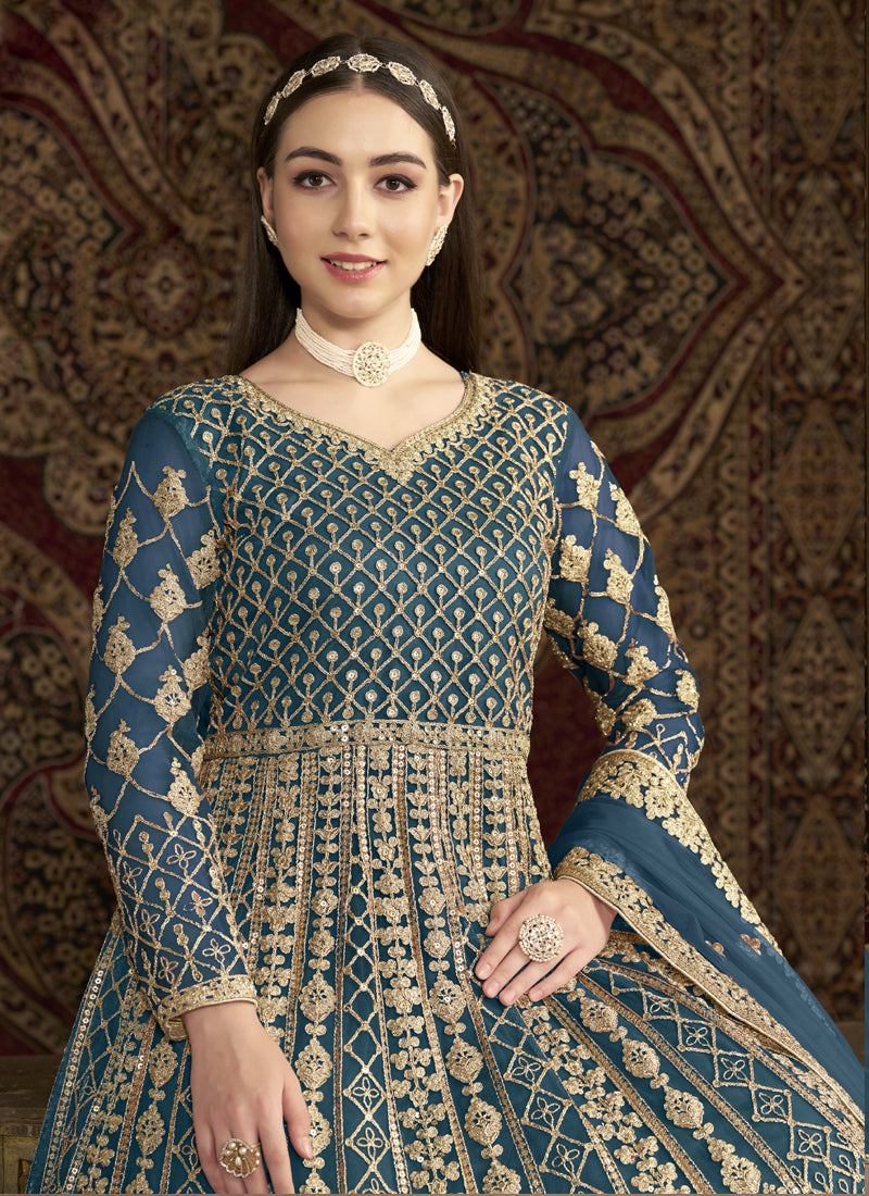 Aqua Blue Net Embroidered Anarkali Suit