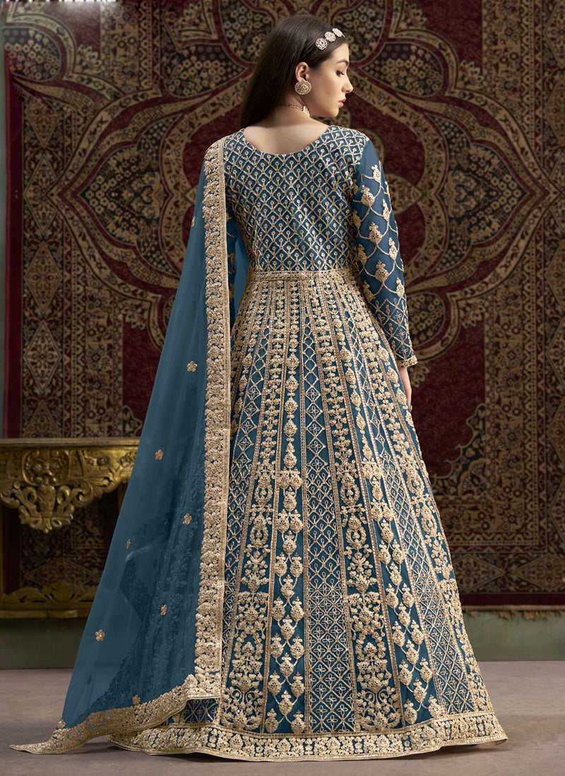 Aqua Blue Net Embroidered Anarkali Suit