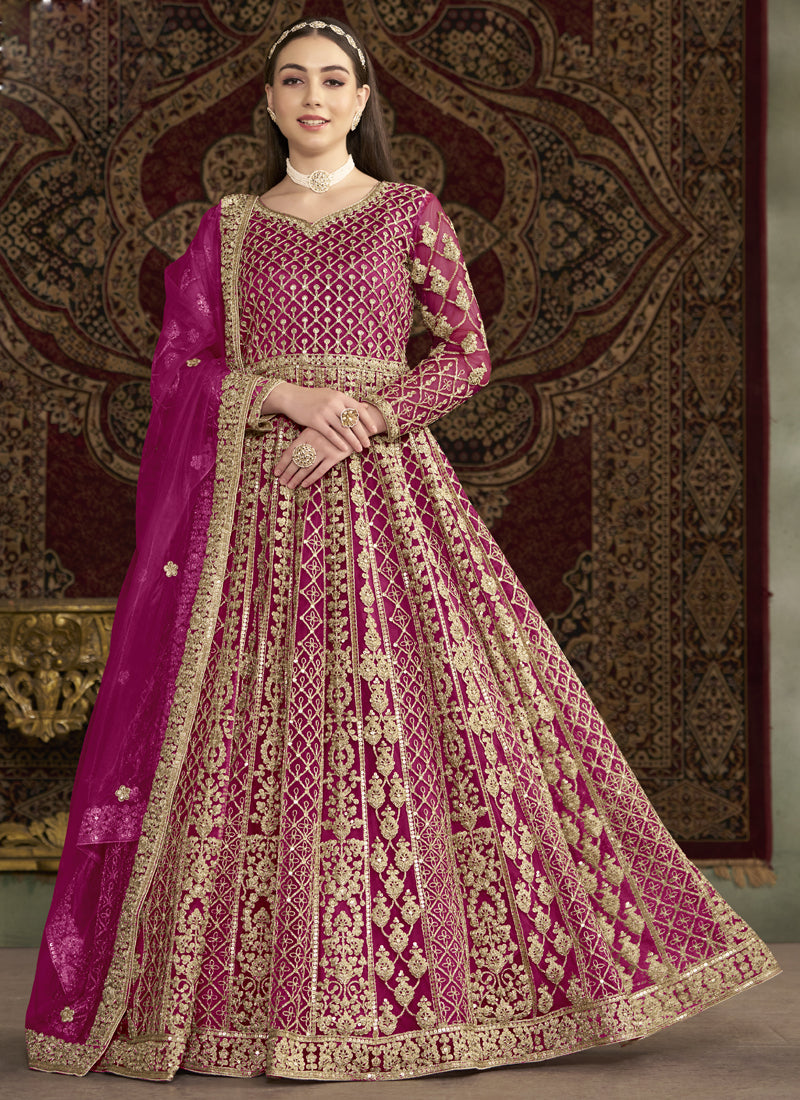 Pink Net Embroidered Anarkali Suit