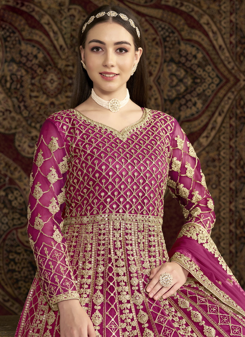 Pink Net Embroidered Anarkali Suit