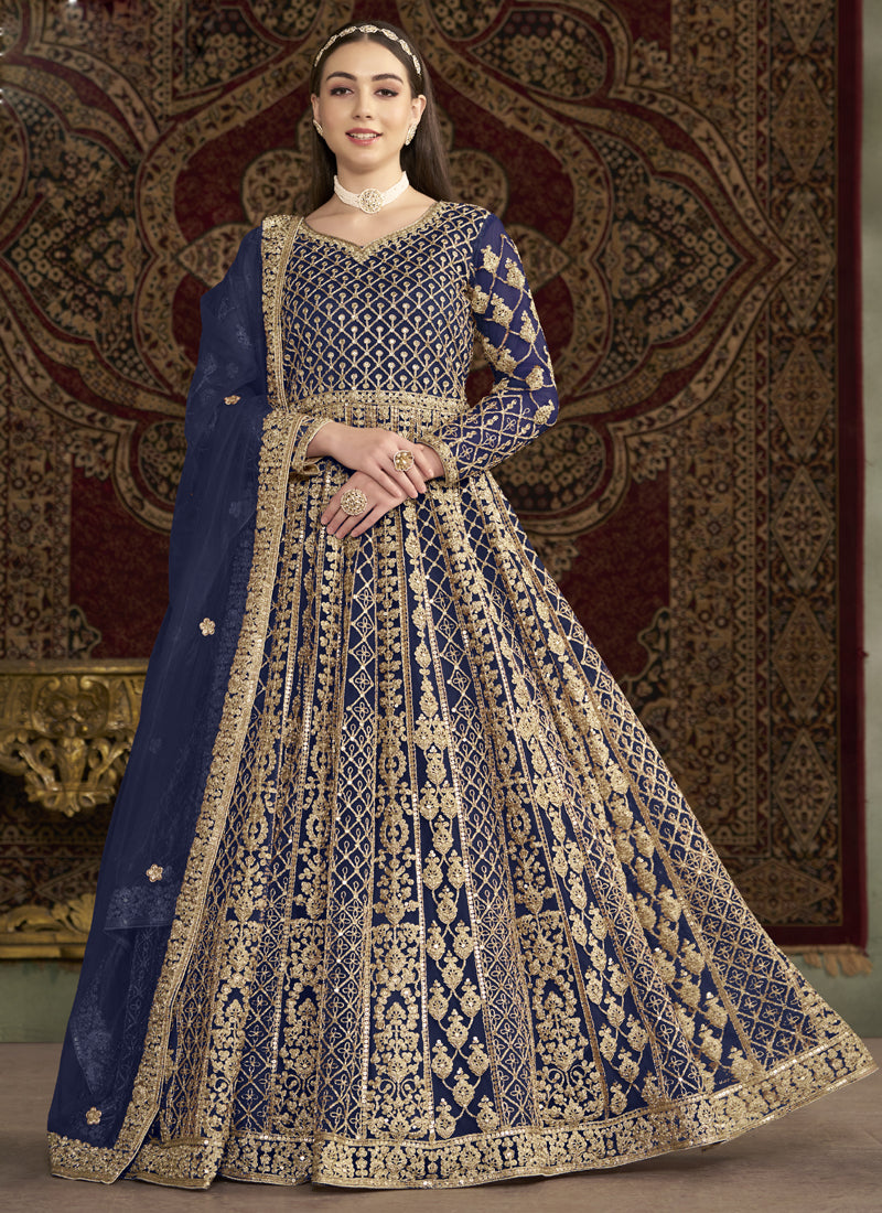 Blue Net Embroidered Anarkali Suit