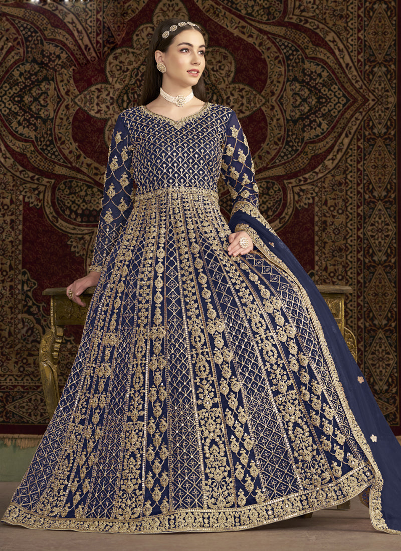 Blue Net Embroidered Anarkali Suit
