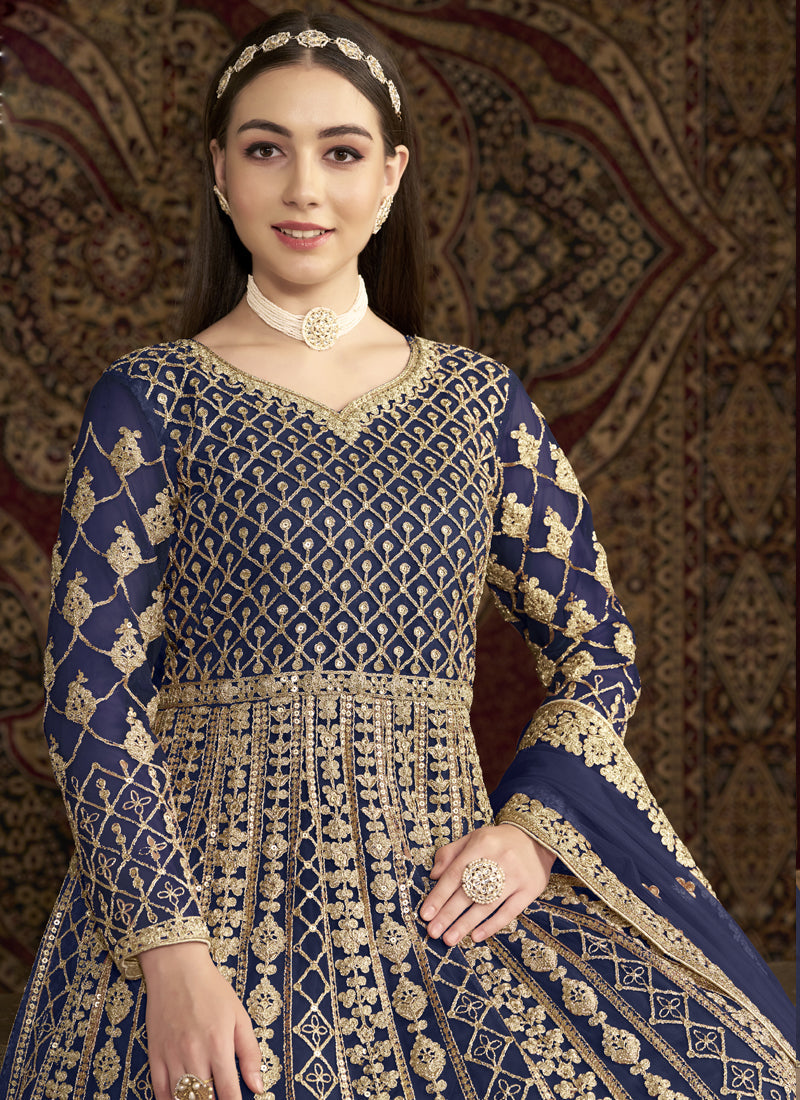 Blue Net Embroidered Anarkali Suit