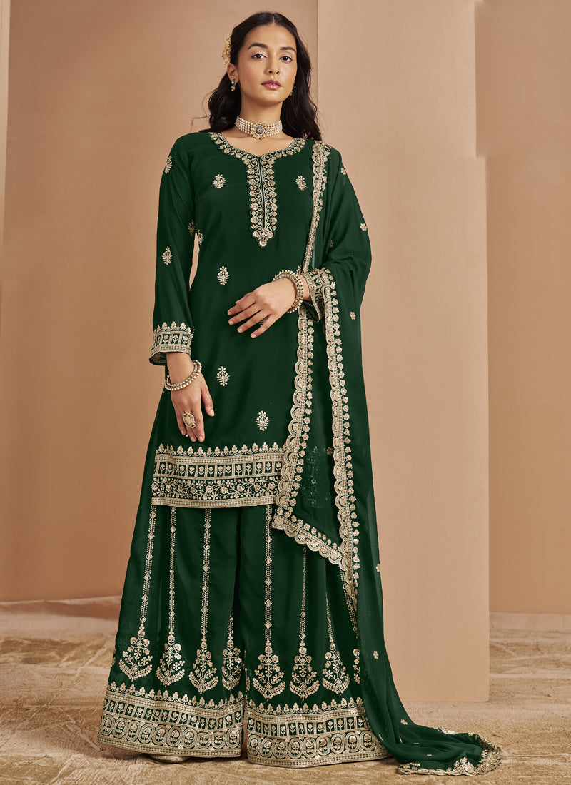 Green Faux Georgette Embroidered Palazzo Suit