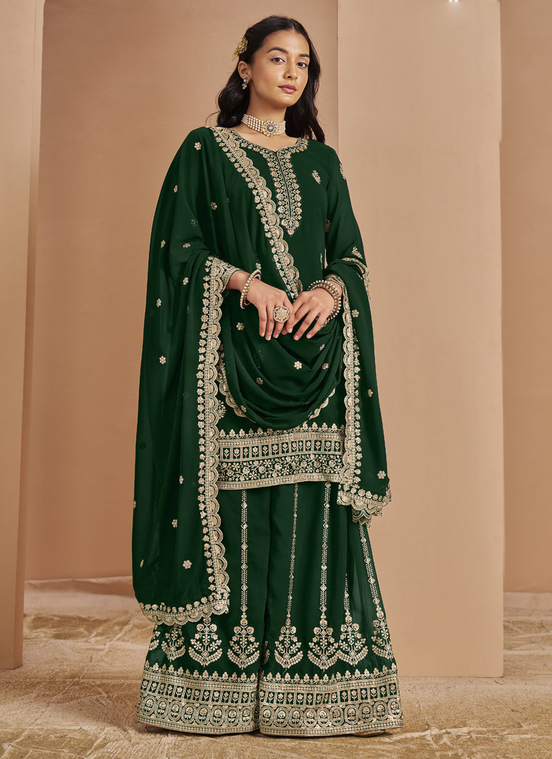 Green Faux Georgette Embroidered Palazzo Suit