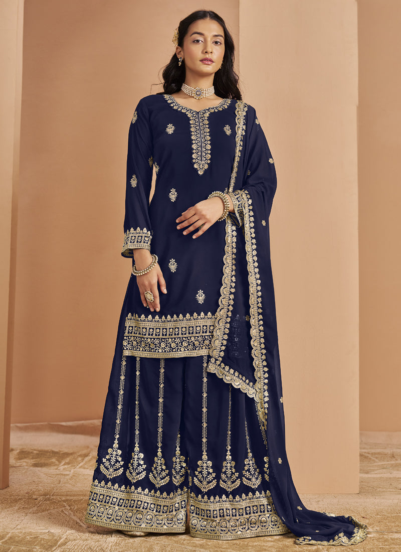 Navy Blue Faux Georgette Embroidered Palazzo Suit