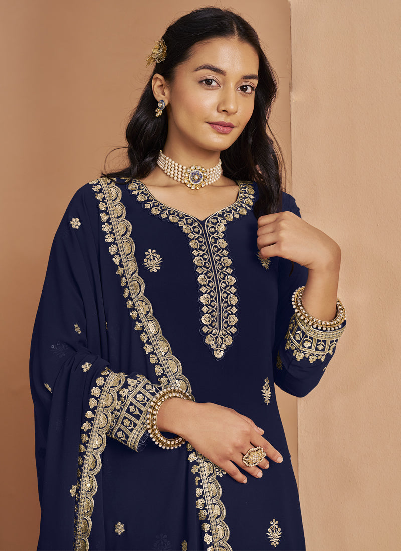 Navy Blue Faux Georgette Embroidered Palazzo Suit