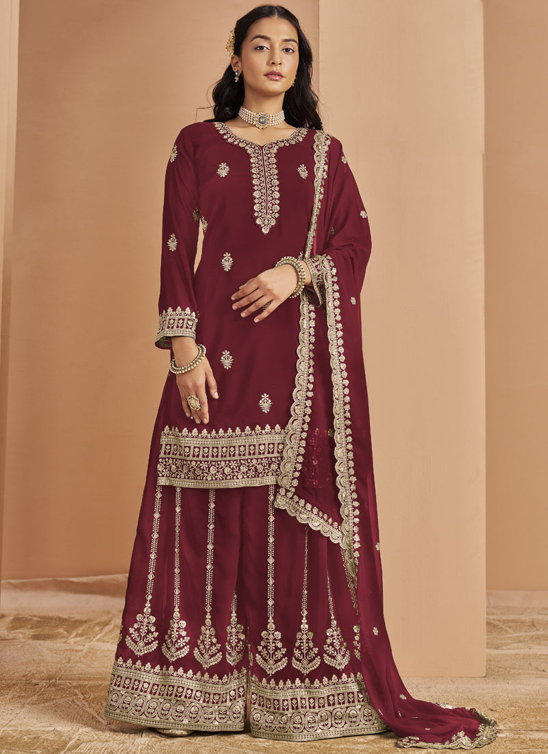 Maroon Faux Georgette Embroidered Palazzo Suit