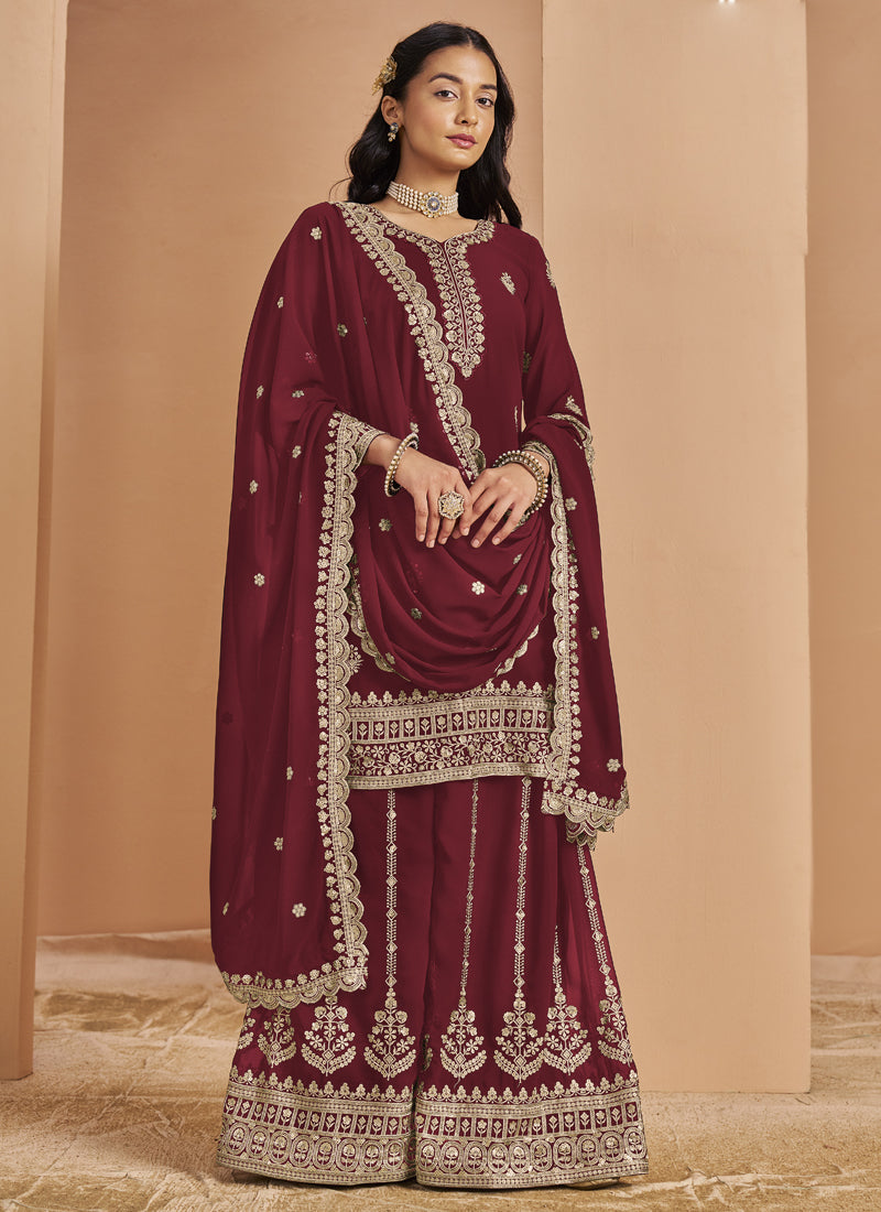 Maroon Faux Georgette Embroidered Palazzo Suit