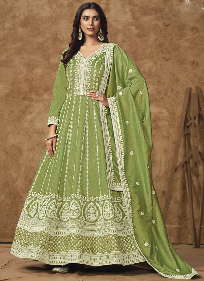 Light Green Dola Silk Embroidered Anarkali Suit