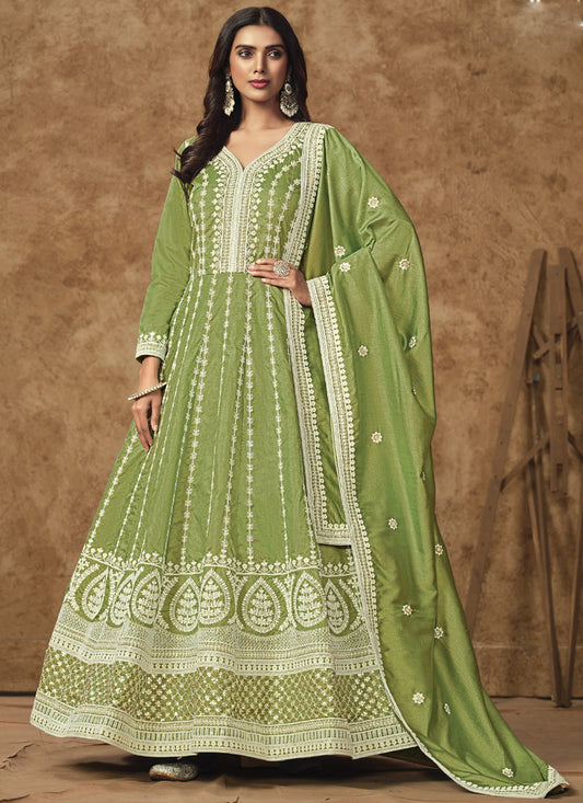 Light Green Dola Silk Embroidered Anarkali Suit
