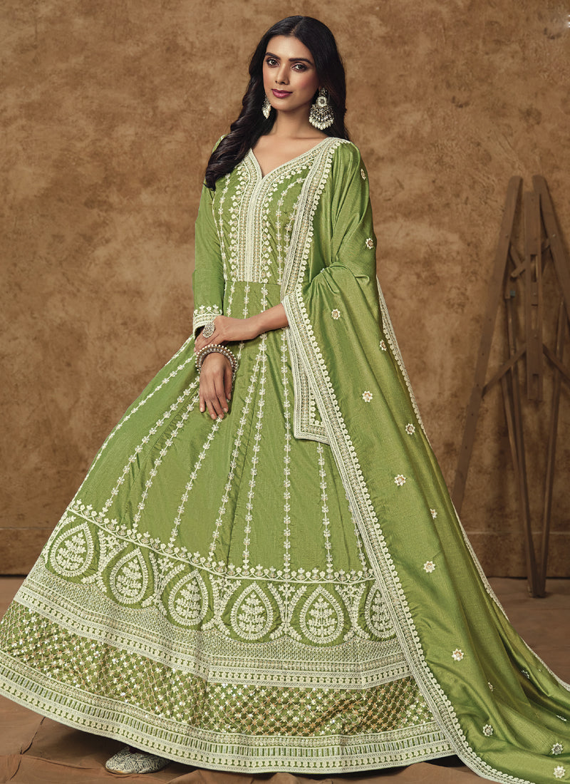 Light Green Dola Silk Embroidered Anarkali Suit
