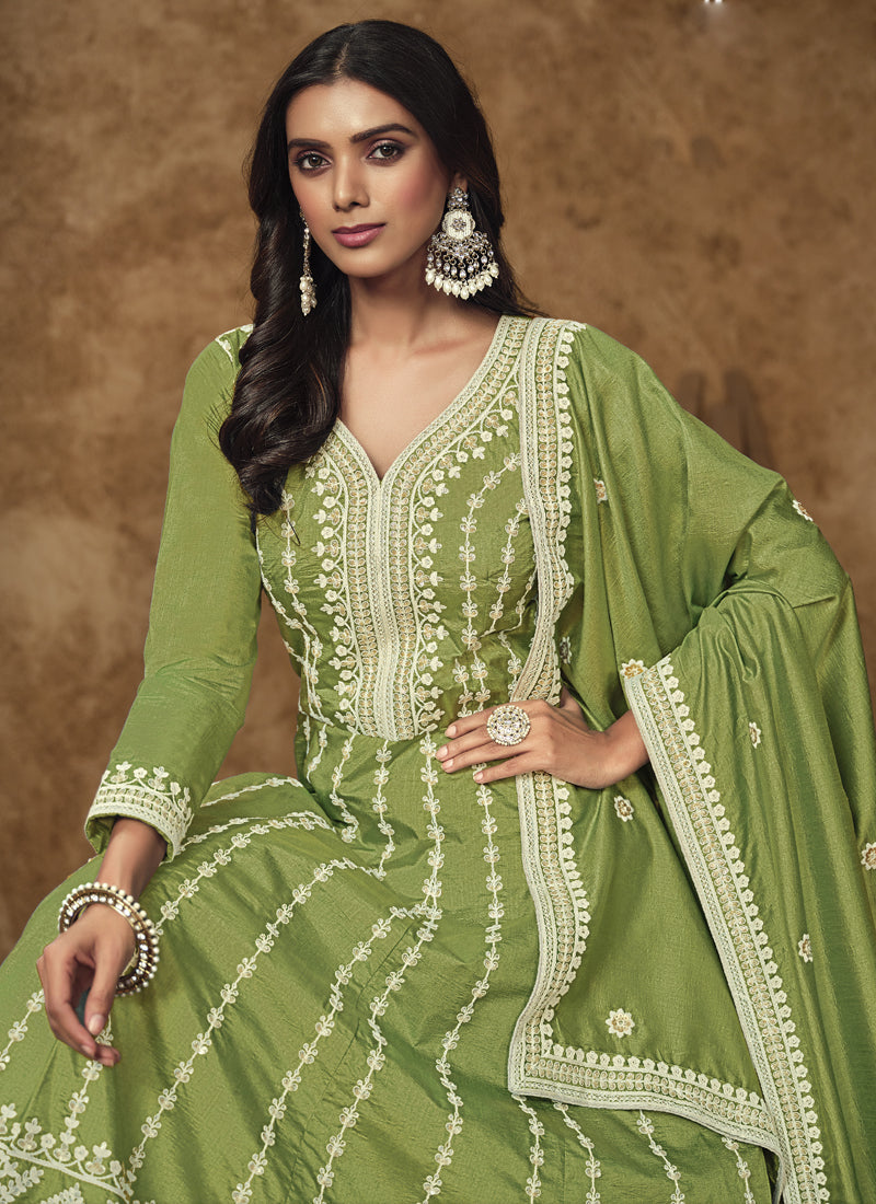 Light Green Dola Silk Embroidered Anarkali Suit