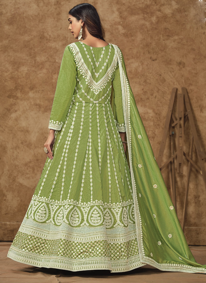 Light Green Dola Silk Embroidered Anarkali Suit