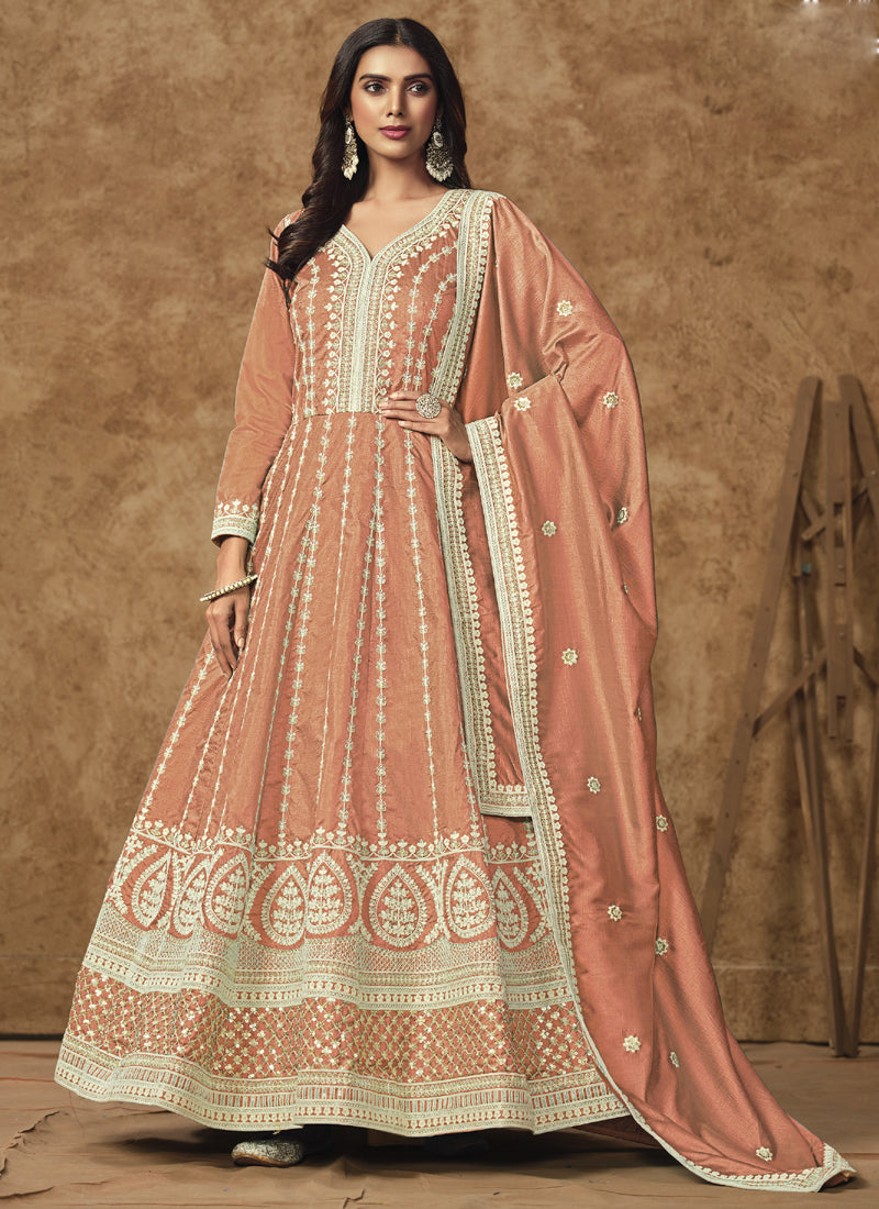 Light Orange Dola Silk Embroidered Anarkali Suit