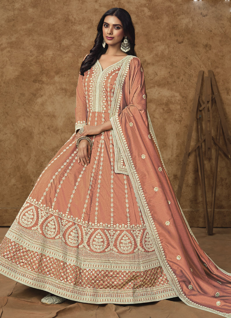 Light Orange Dola Silk Embroidered Anarkali Suit