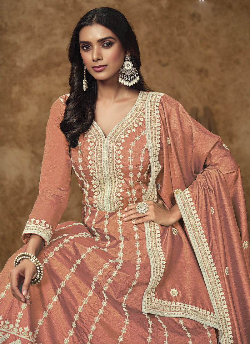 Light Orange Dola Silk Embroidered Anarkali Suit
