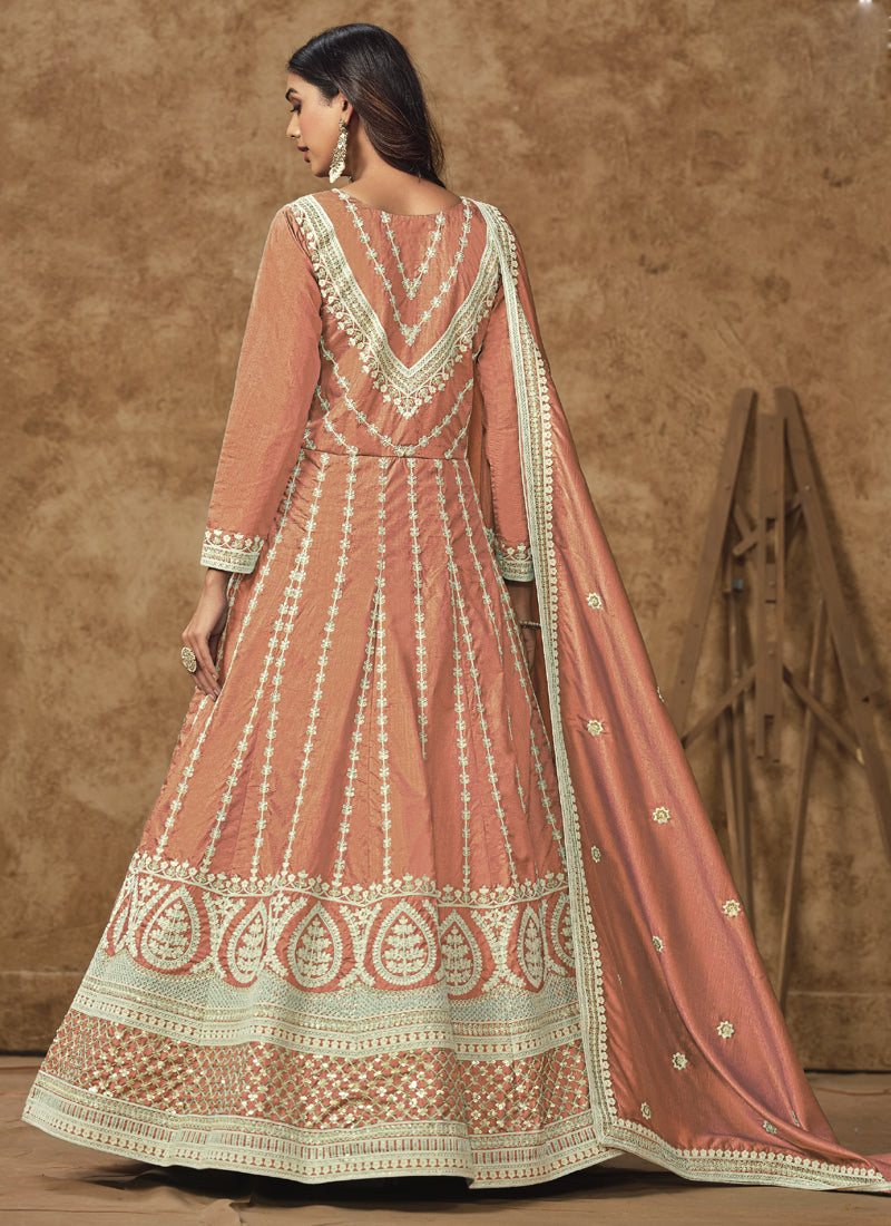 Light Orange Dola Silk Embroidered Anarkali Suit
