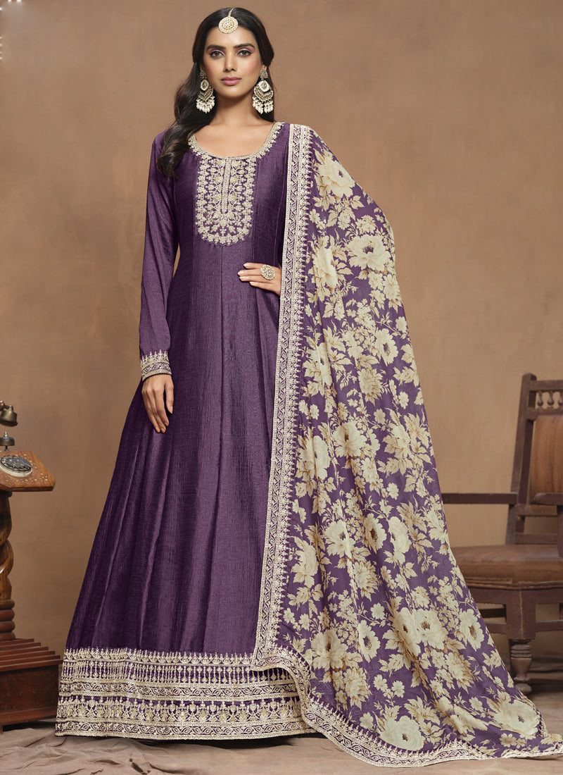 Purple Art Silk Embroidered Anarkali Suit
