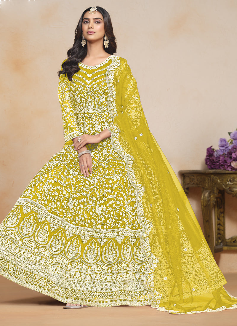 Yellow Net Embroidered Designer Anarkali Suit