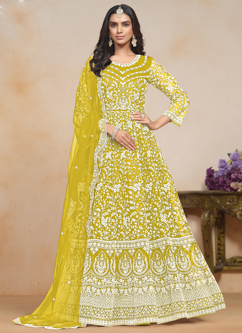 Yellow Net Embroidered Designer Anarkali Suit