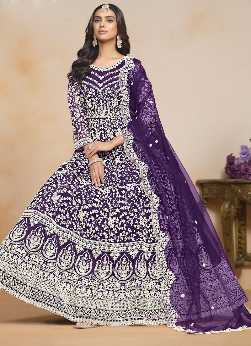 Violet Net Embroidered Designer Anarkali Suit
