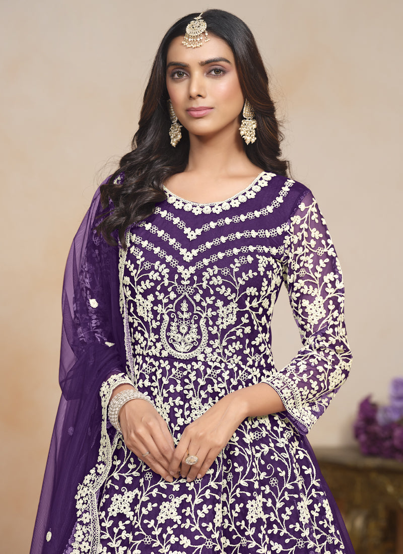 Violet Net Embroidered Designer Anarkali Suit